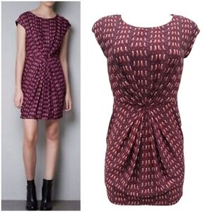 Zara Burgundy Bird Print Draped Front Sheath Mini Dress